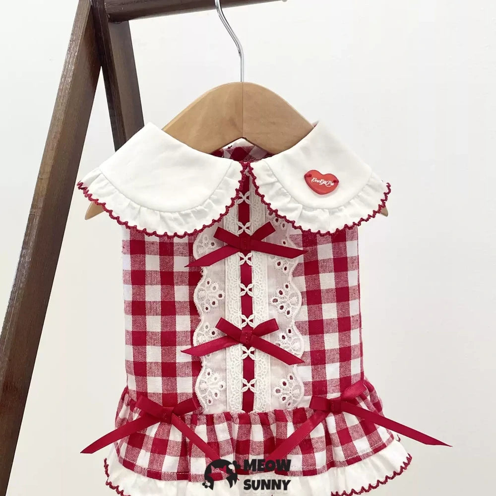 Pink Plaid Dog Dress Puppy Tutu with Bowknot Hair Bows