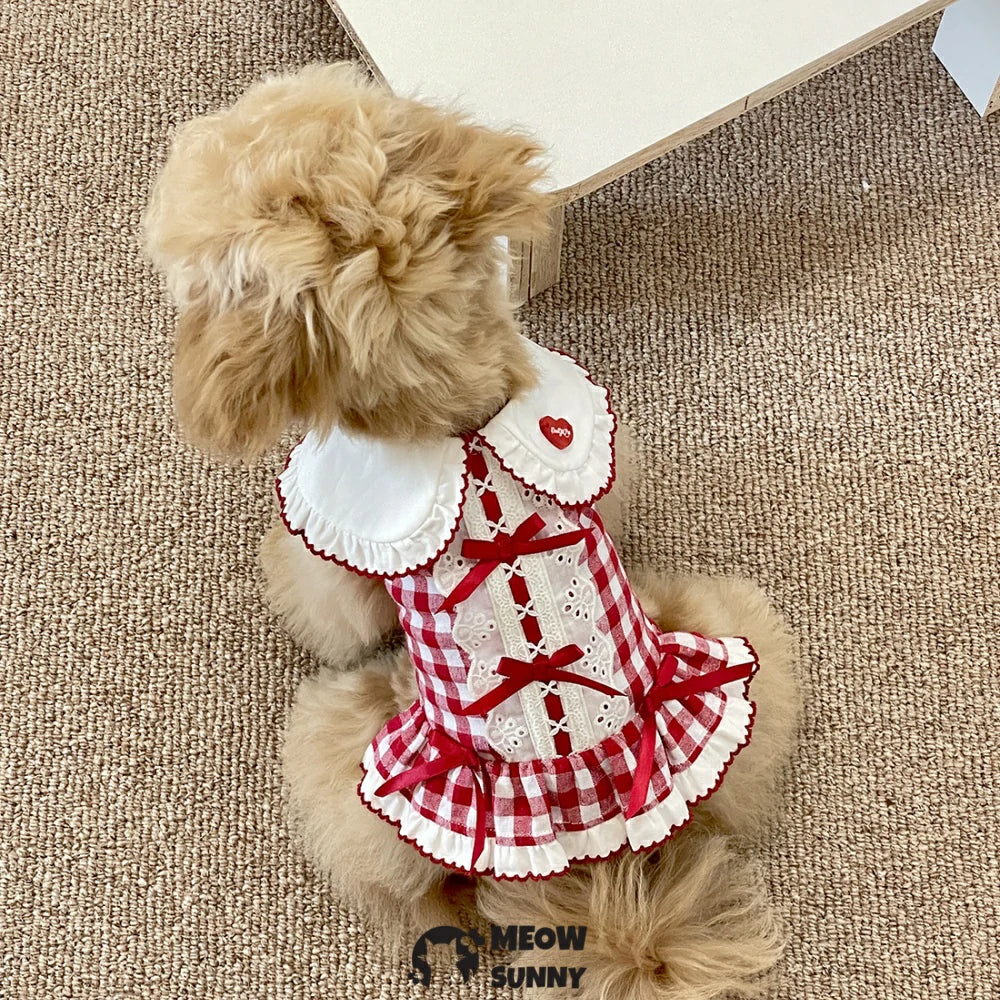 Pink Plaid Dog Dress Puppy Tutu with Bowknot Hair Bows