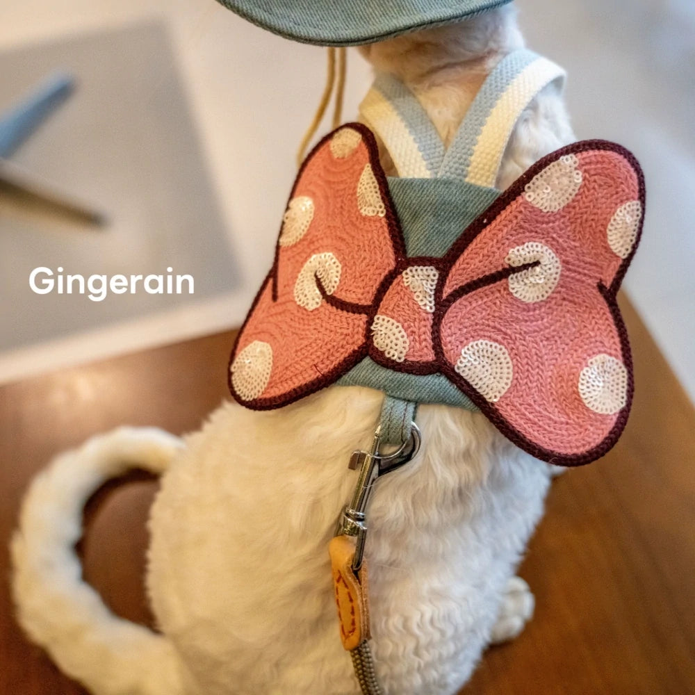 Pink Polka Dot Big Bow Cat Denim Chest Strap Set with Hat