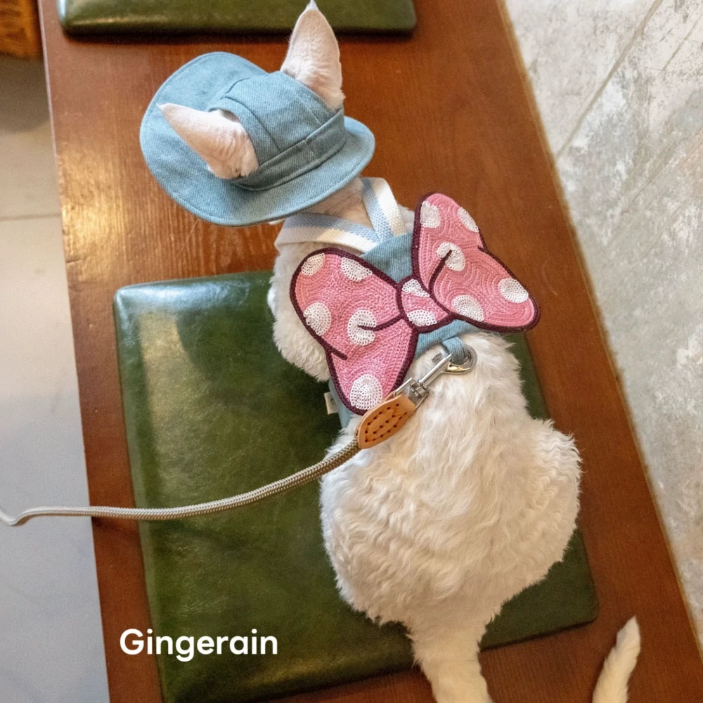 Pink Polka Dot Big Bow Cat Denim Chest Strap Set with Hat