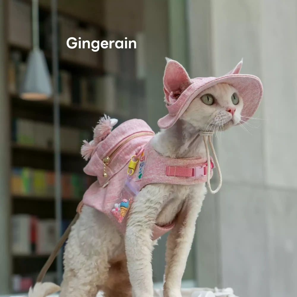 Pink cute doll decoration cat denim chest leash set with hat
