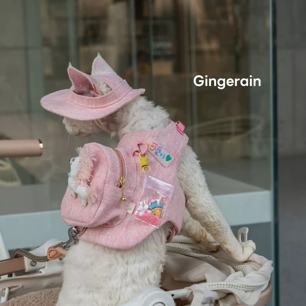 Pink cute doll decoration cat denim chest leash set with hat