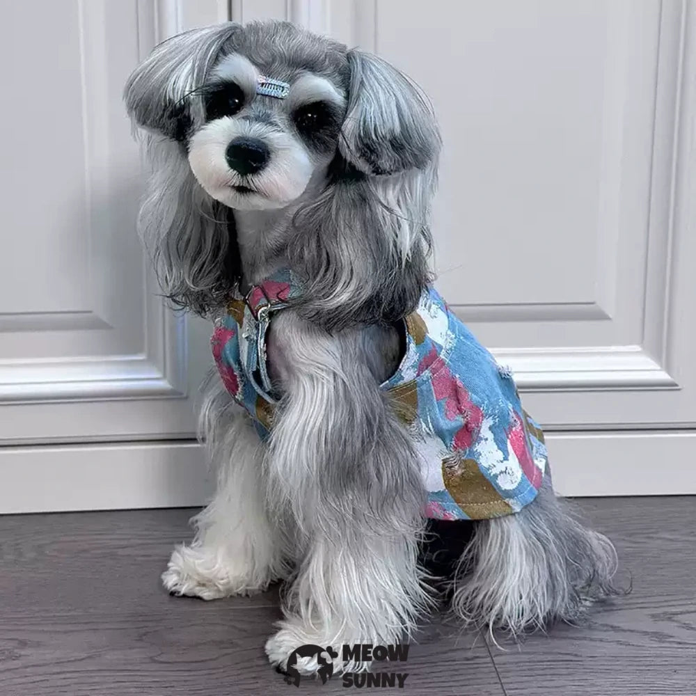 Puppy Blue Vintage Washed Clothes Dogs Lapel Vests Classic Jacket