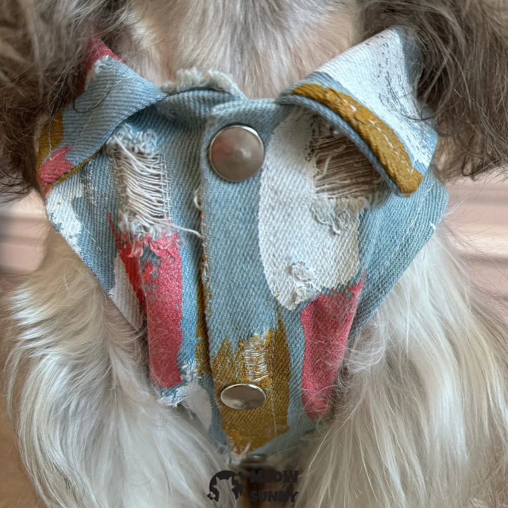 Puppy Blue Vintage Washed Clothes Dogs Lapel Vests Classic Jacket