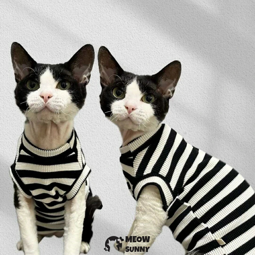 Pure Cotton Black and White Striped Waffle Cat Clothes Hairless Cat Short Sleeve Vest