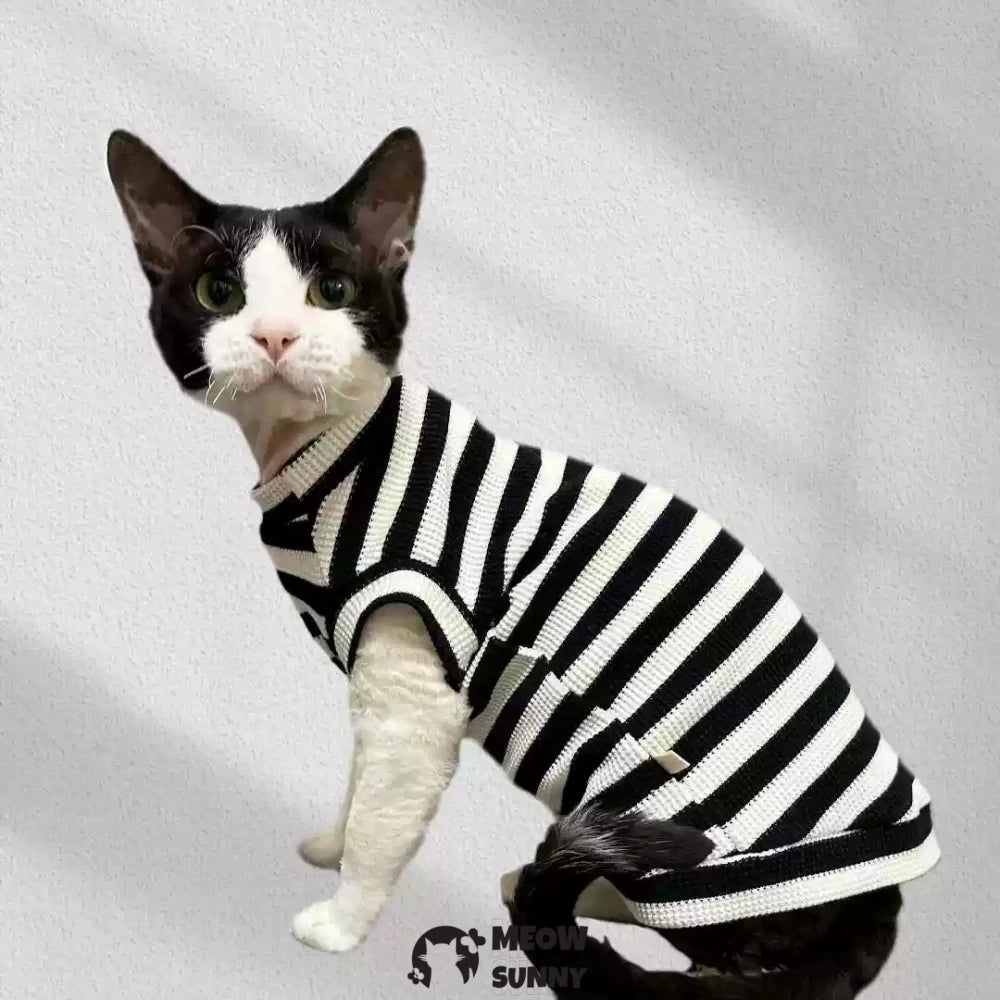 Pure Cotton Black and White Striped Waffle Cat Clothes Hairless Cat Short Sleeve Vest