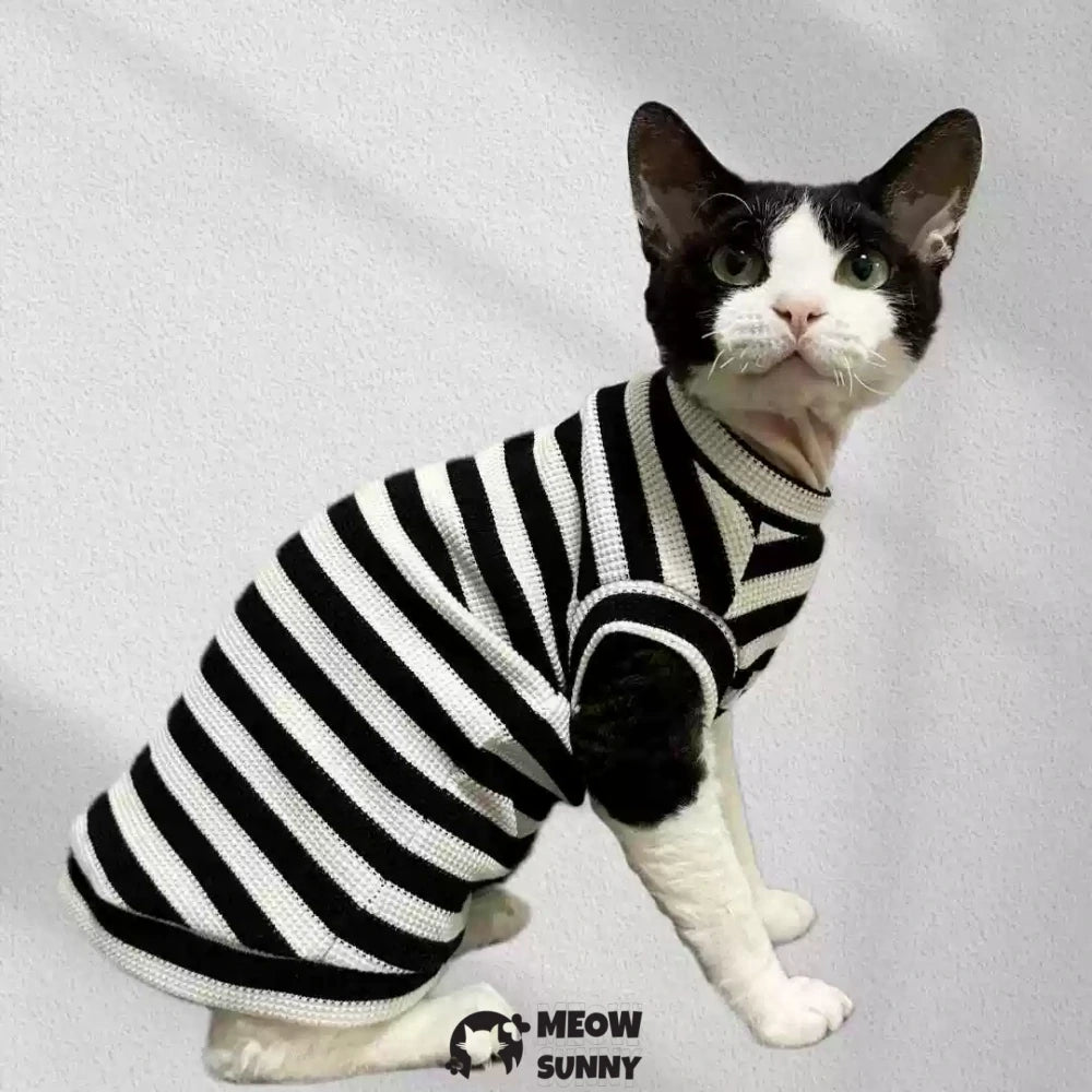 Pure Cotton Black and White Striped Waffle Cat Clothes Hairless Cat Short Sleeve Vest