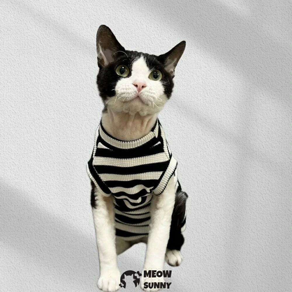 Pure Cotton Black and White Striped Waffle Cat Clothes Hairless Cat Short Sleeve Vest
