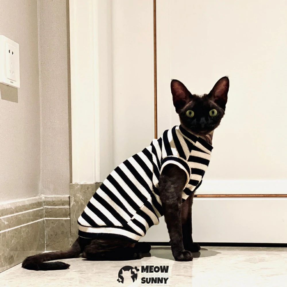 Pure Cotton Black and White Striped Waffle Cat Clothes Hairless Cat Short Sleeve Vest