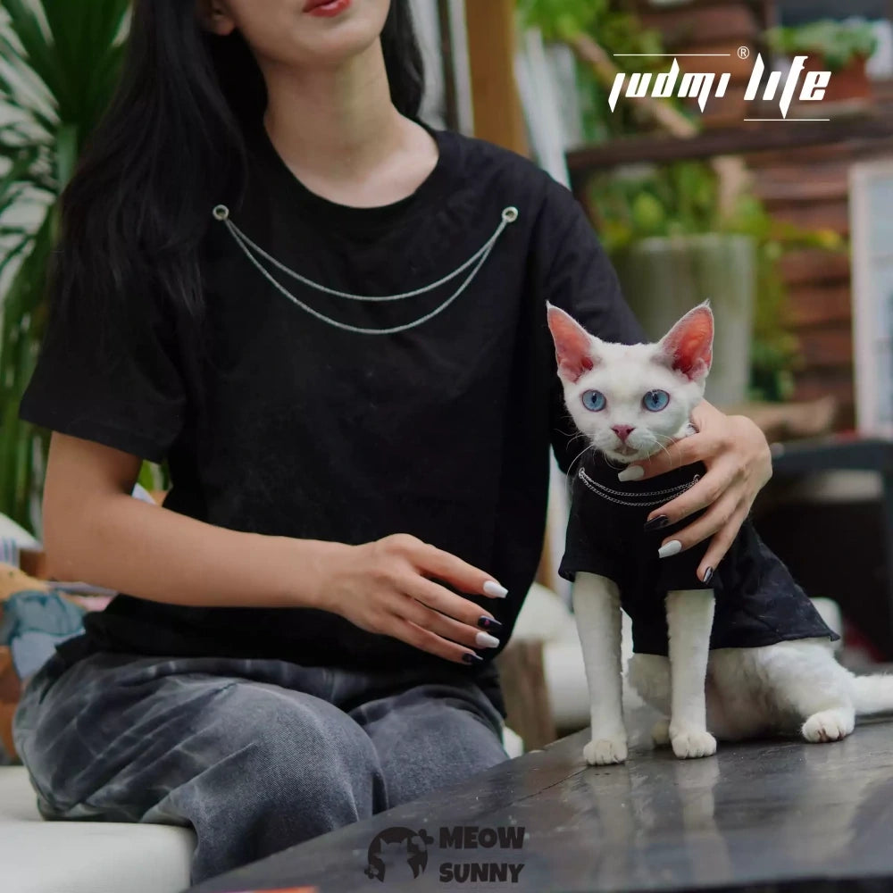 Pure black cat puts on sun-proof cat clothes for going out