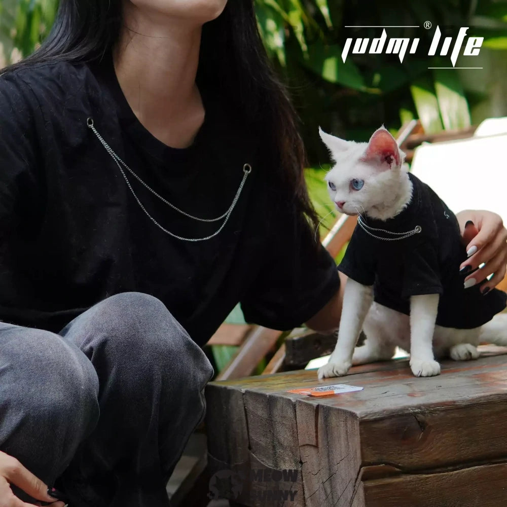 Pure black cat puts on sun-proof cat clothes for going out