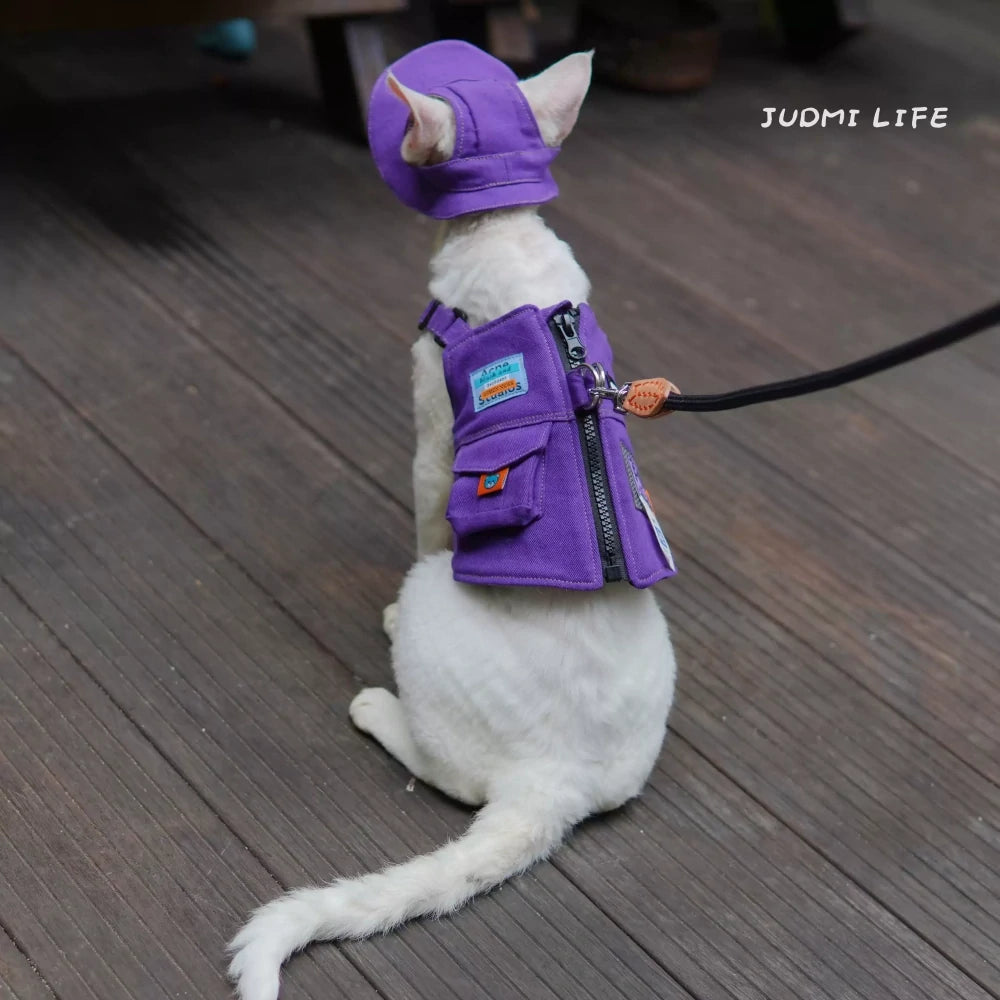 Purple Outdoor Cat Sun Protection Clothes Cat Leash Harness Set
