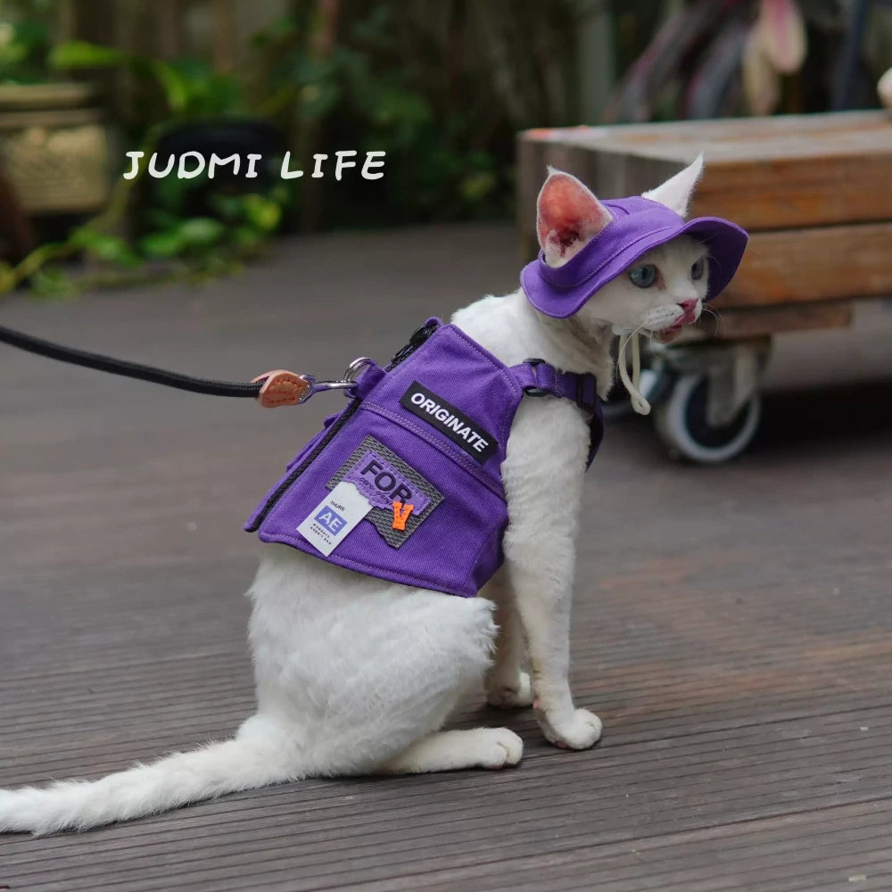 Purple Outdoor Cat Sun Protection Clothes Cat Leash Harness Set