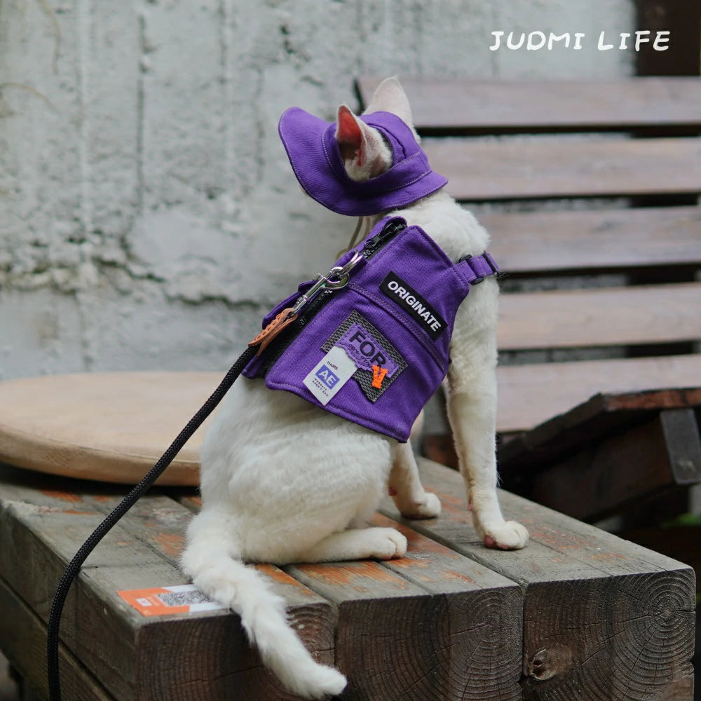 Purple Outdoor Cat Sun Protection Clothes Cat Leash Harness Set