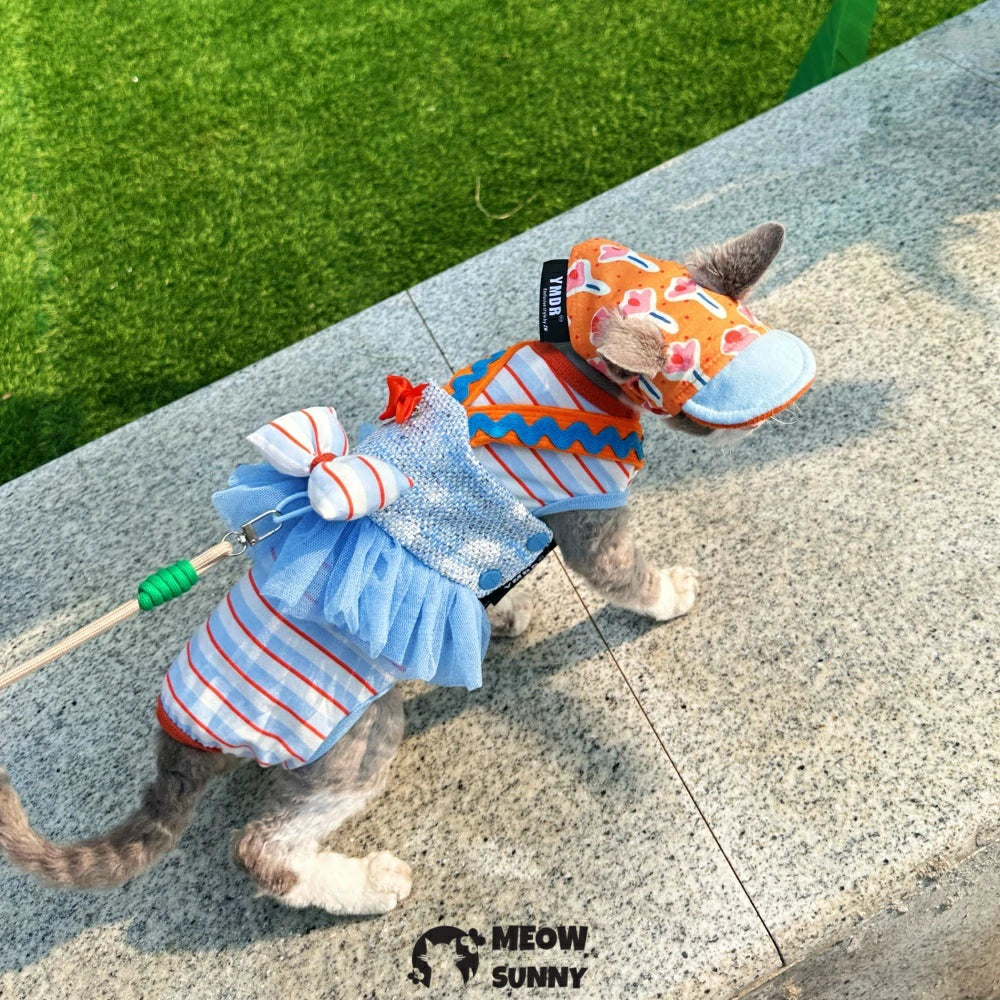 Retro Print Hairless Cat Clothes Sunscreen Blue Cotton Striped Vest