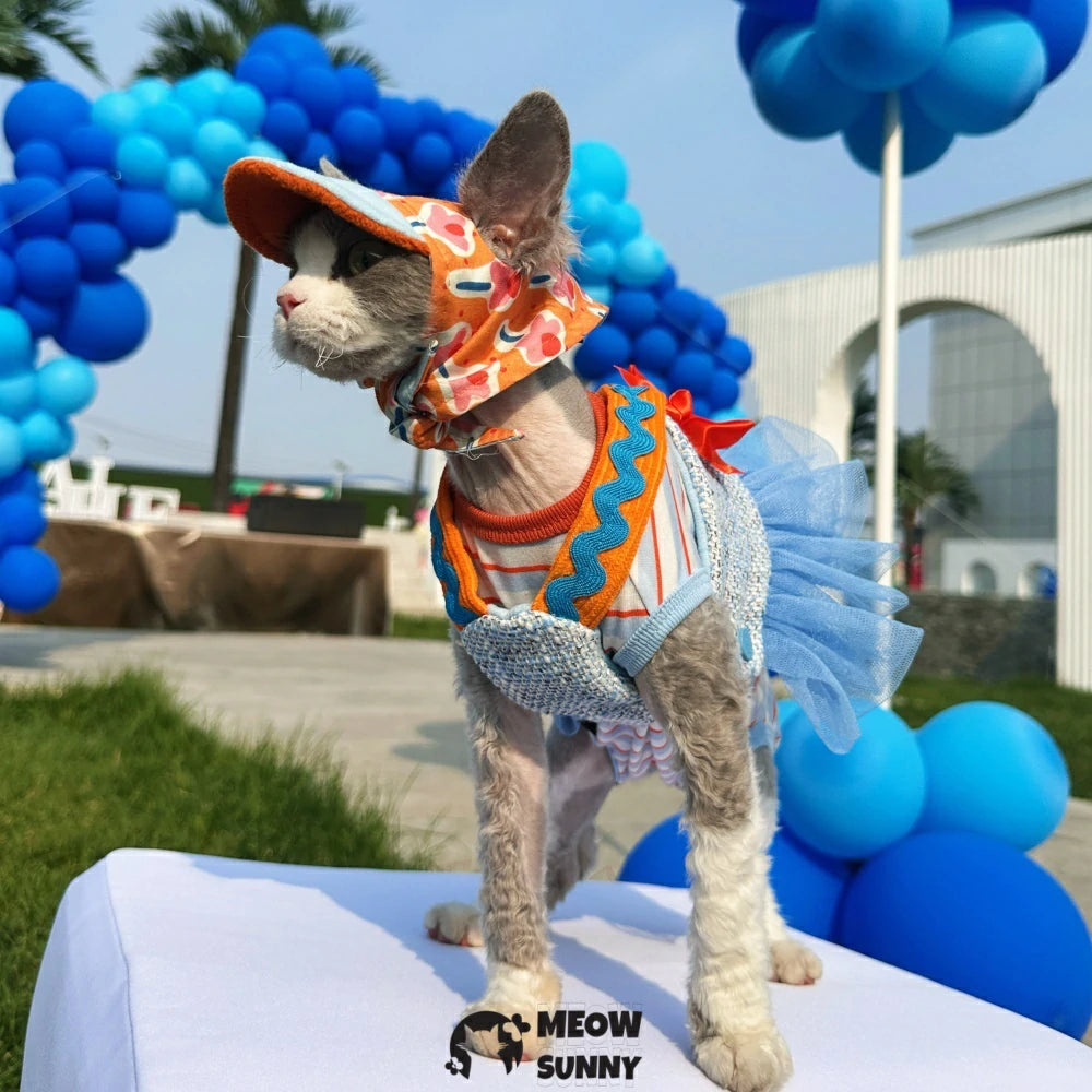 Retro Print Hairless Cat Clothes Sunscreen Blue Cotton Striped Vest