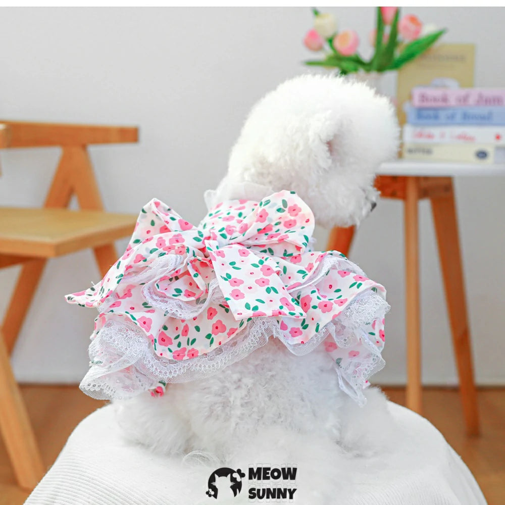 Rose floral skirt dog clothes spring and summer thin pastoral skirt