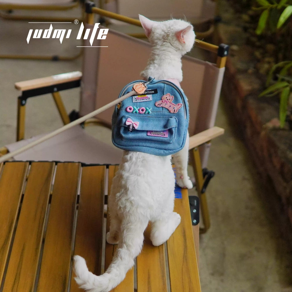 Royal Blue denim with cat cartoon patch and chest leash set including hat