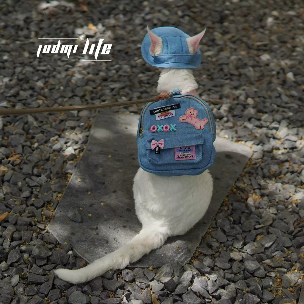 Royal Blue denim with cat cartoon patch and chest leash set including hat