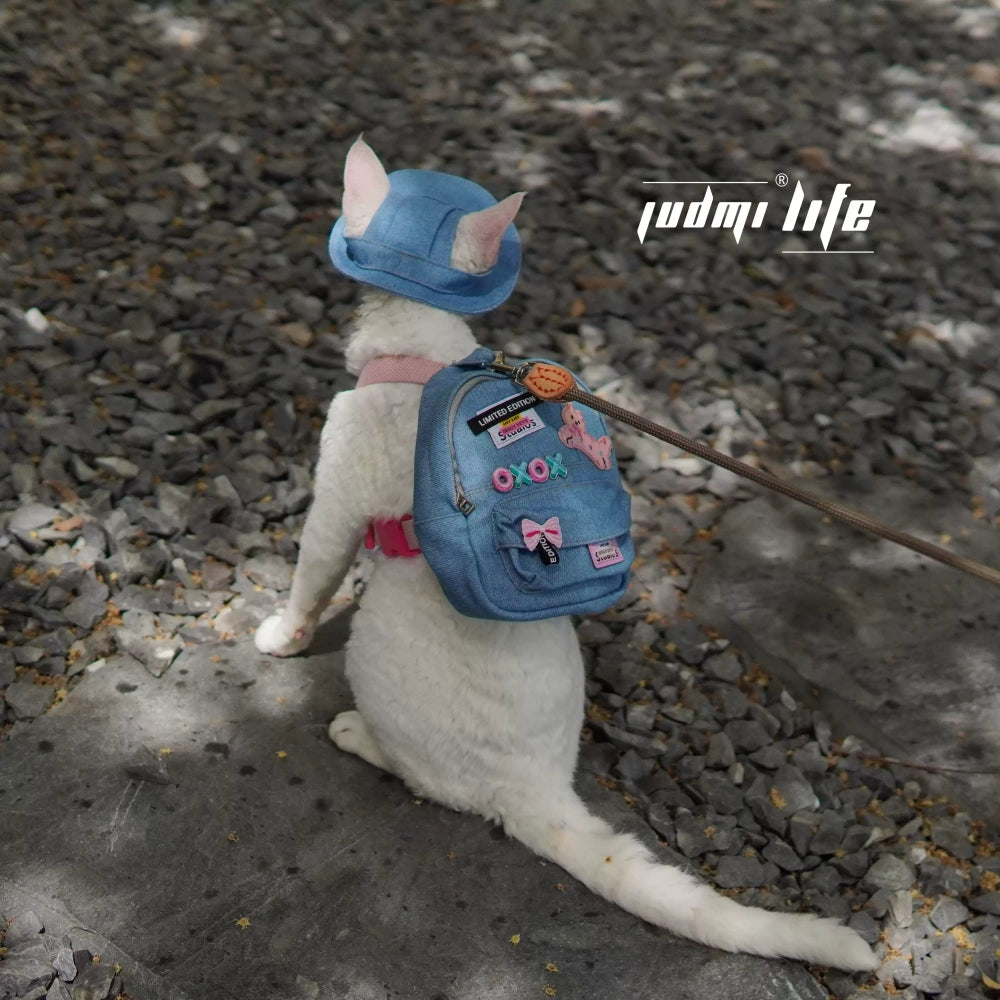 Royal Blue denim with cat cartoon patch and chest leash set including hat