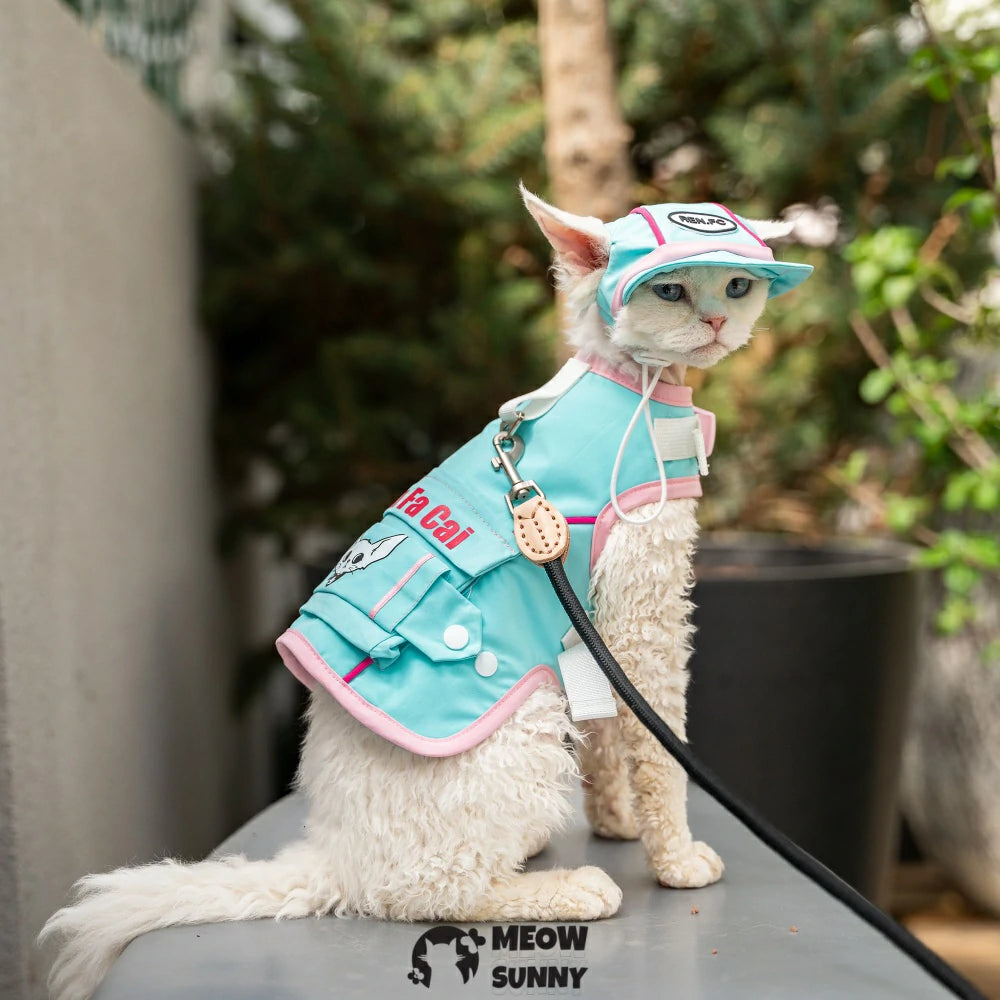 Sky blue cat sun protection chest belt set with hat for outdoor use
