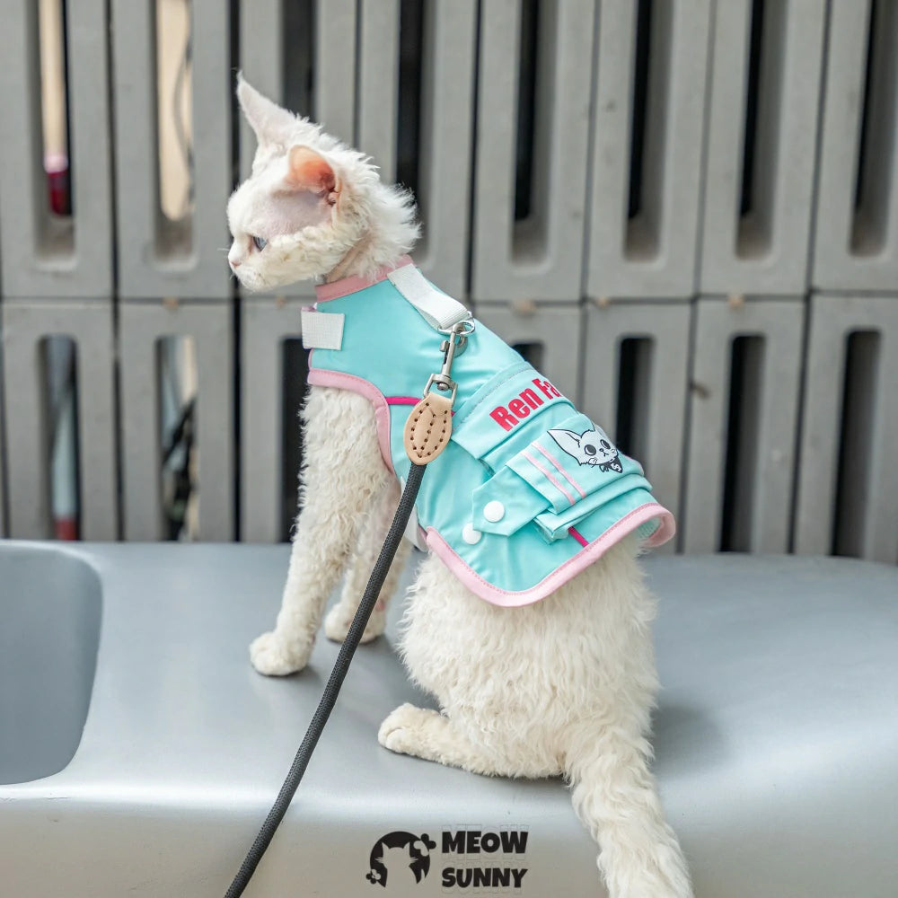 Sky blue cat sun protection chest belt set with hat for outdoor use