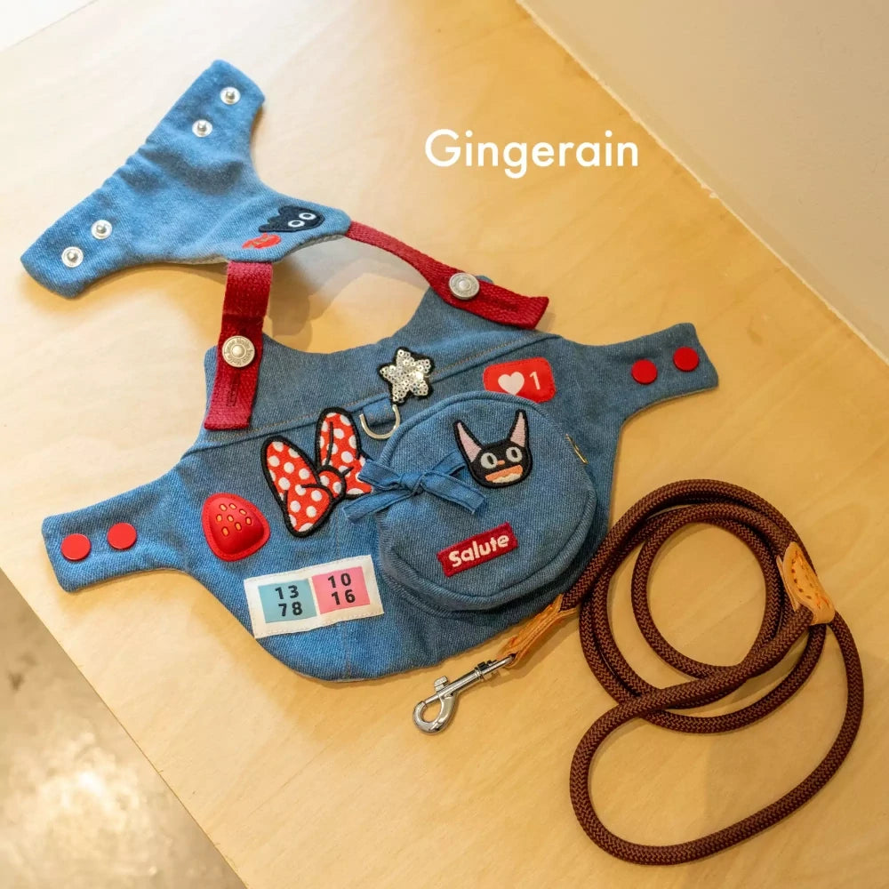 Solid Color Denim Cartoon Cat Chest Strap Set with Hat