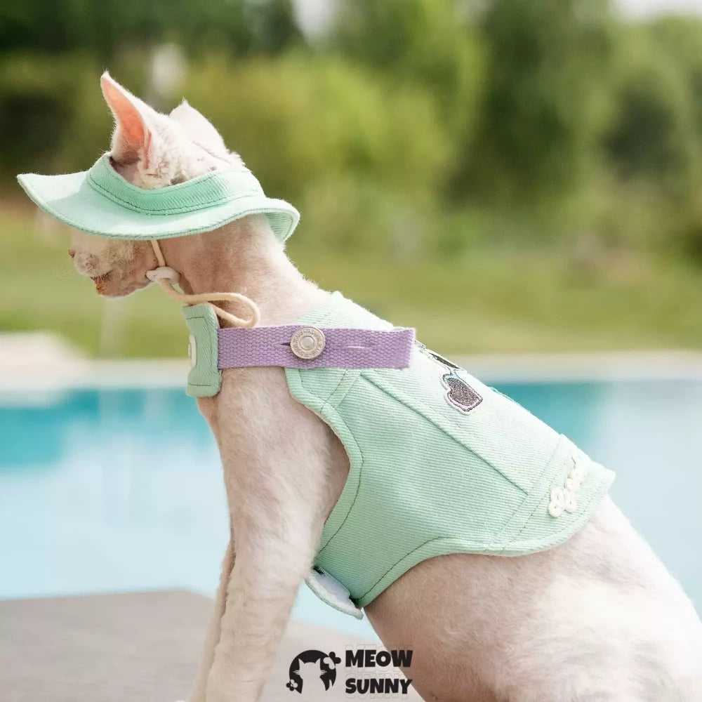 Solid Mint Green Cat Outdoor Chest Strap Set with Hood