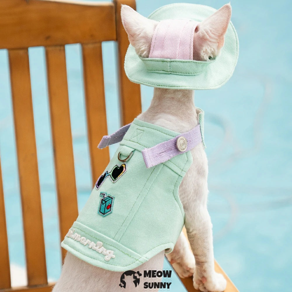 Solid Mint Green Cat Outdoor Chest Strap Set with Hood