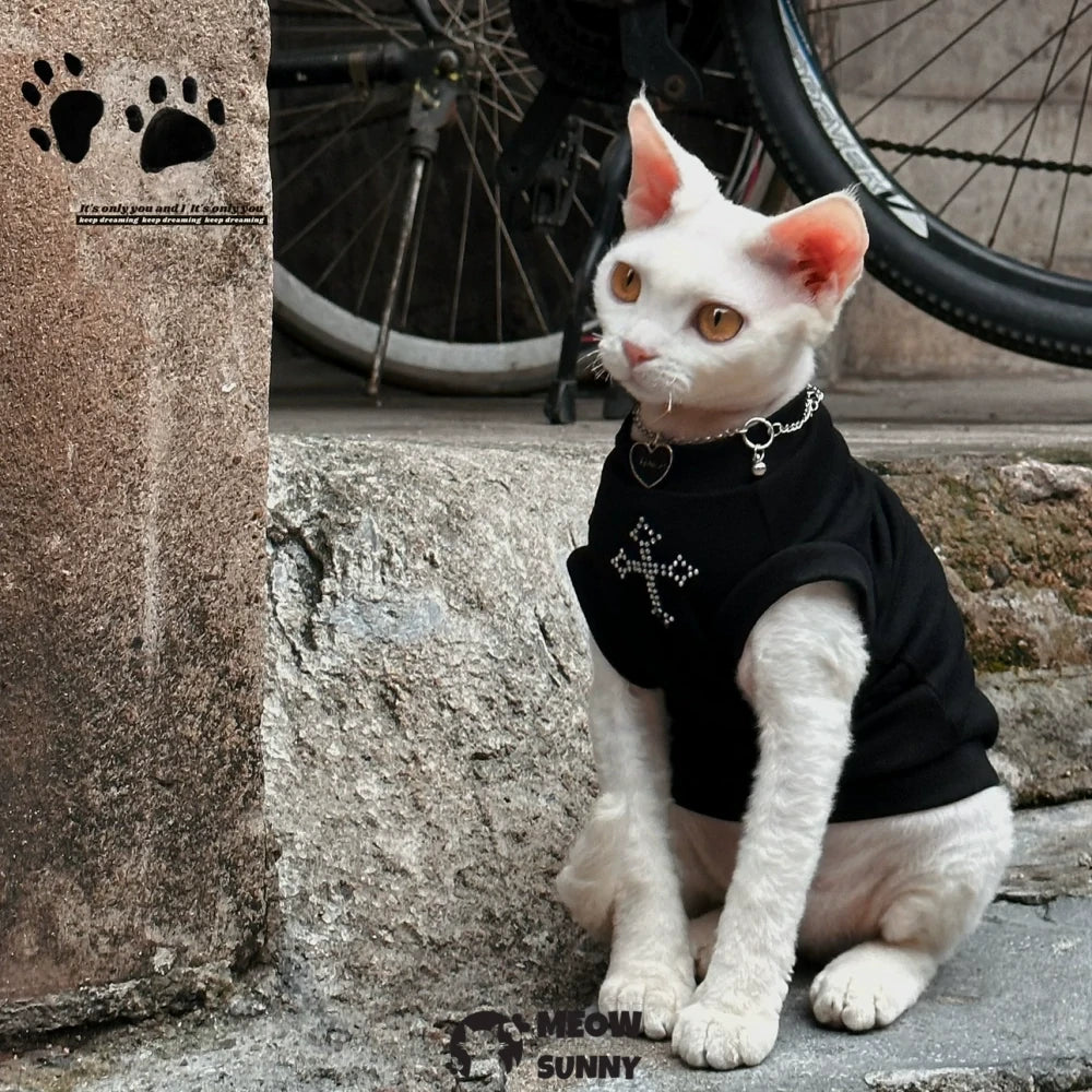 Sphinx Hairless Cat Summer Comfortable Breathable Black Cross T-shirt