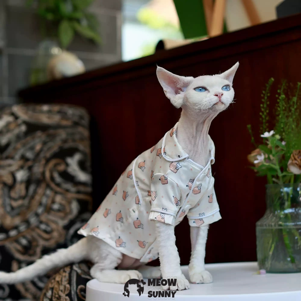 Sphinx hairless cat summer silk cartoon pattern shirt, Breathable Jumpsuit