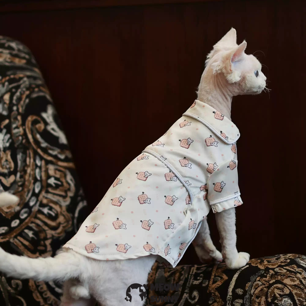Sphinx hairless cat summer silk cartoon pattern shirt, Breathable Jumpsuit