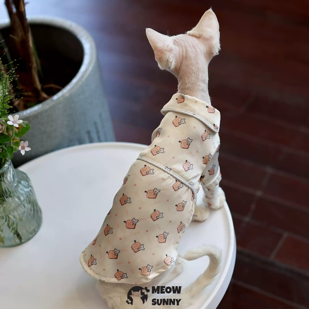 Sphinx hairless cat summer silk cartoon pattern shirt, Breathable Jumpsuit