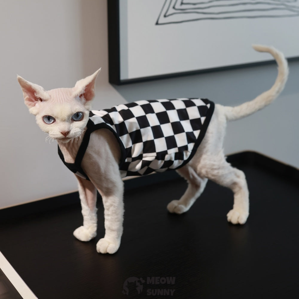 Sphynx Cat Breathable Stretchy Cat Summer Vest,Checkerboard
