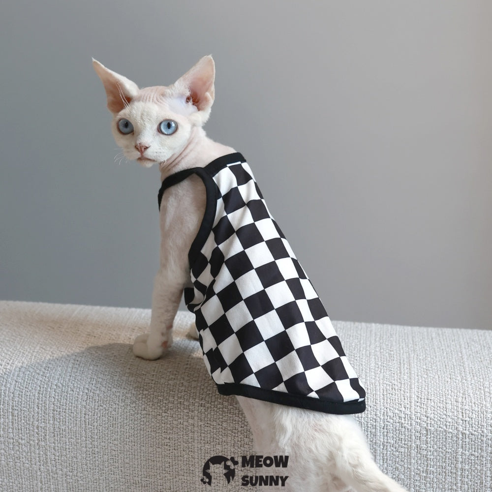 Sphynx Cat Breathable Stretchy Cat Summer Vest,Checkerboard