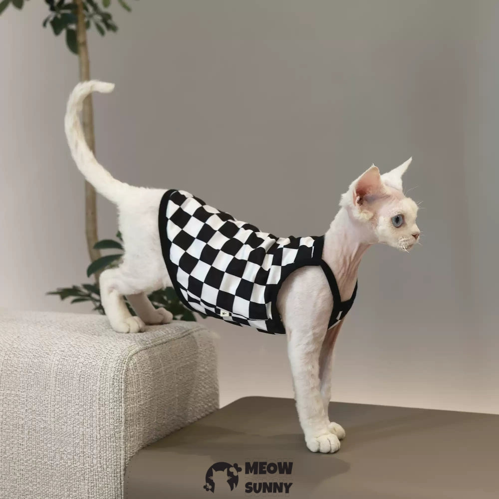 Sphynx Cat Breathable Stretchy Cat Summer Vest,Checkerboard