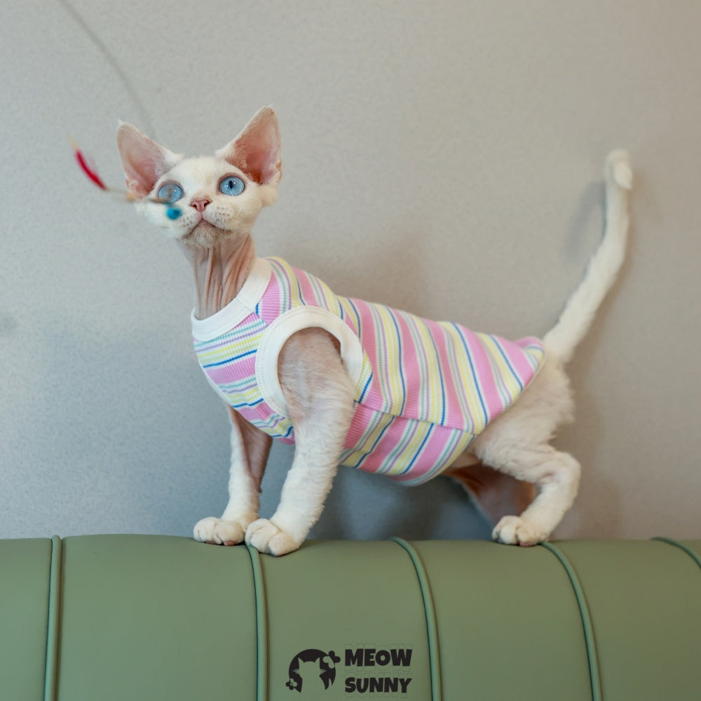 Sphynx Cat Breathable Stretchy Cat Summer Vest,Pink Striped