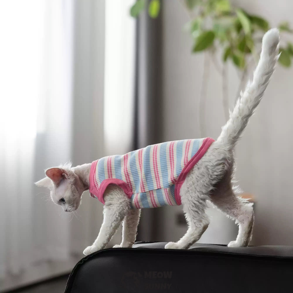 Sphynx Cat Breathable Stretchy Cat Summer Vest,Pink Striped