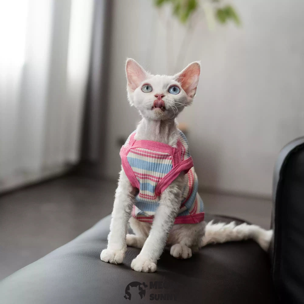 Sphynx Cat Breathable Stretchy Cat Summer Vest,Pink Striped