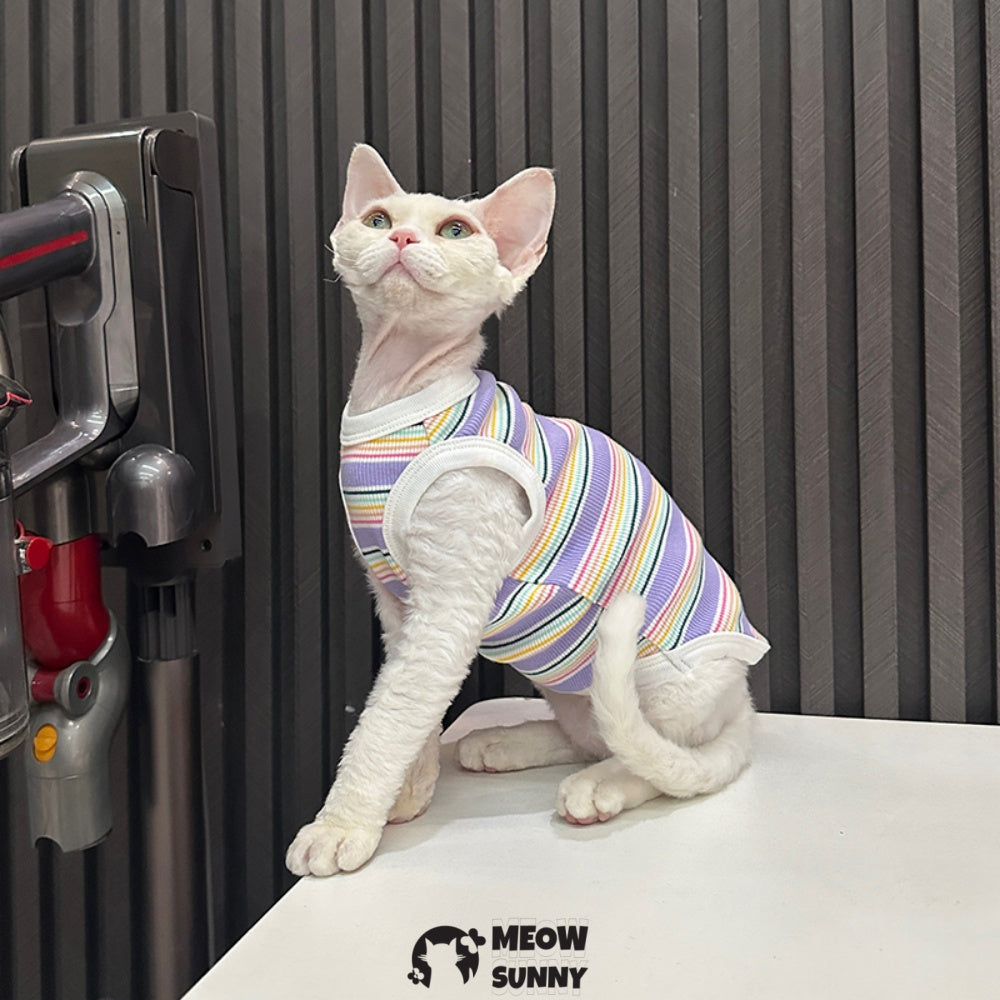 Sphynx Cat Breathable Stretchy Cat Summer Vest,Purple Striped
