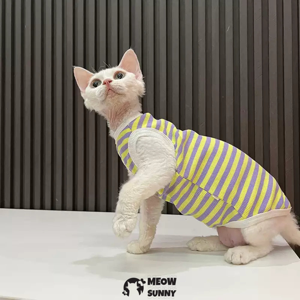 Sphynx Cat Breathable Stretchy Cat Summer Vest,Yellow Striped