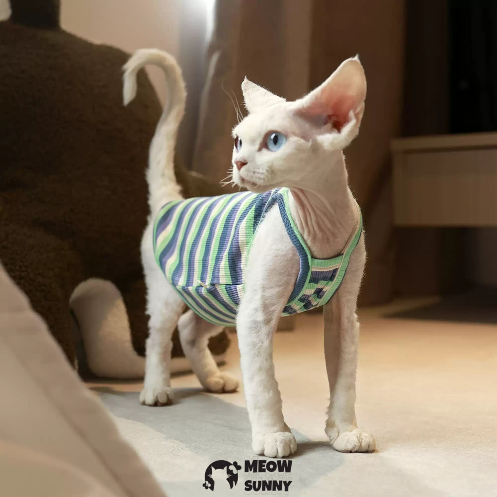 Sphynx Cat Breathable Stretchy Cat Summer vest,Green Striped