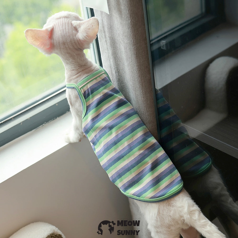 Sphynx Cat Breathable Stretchy Cat Summer vest,Green Striped