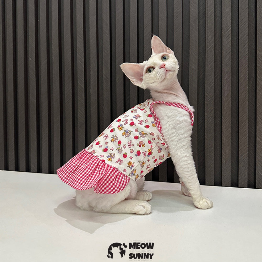 Sphynx Cat Breathable strawberry plaid Cat Summer cartoon pattern vest