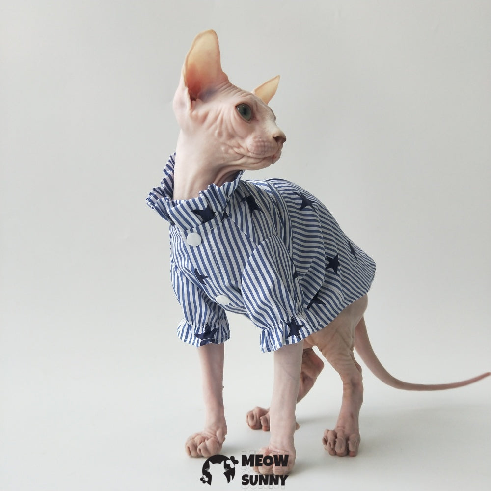 Sphynx Cat Shirt Cotton Hairless Kitten Blue White Polo T-Shirt