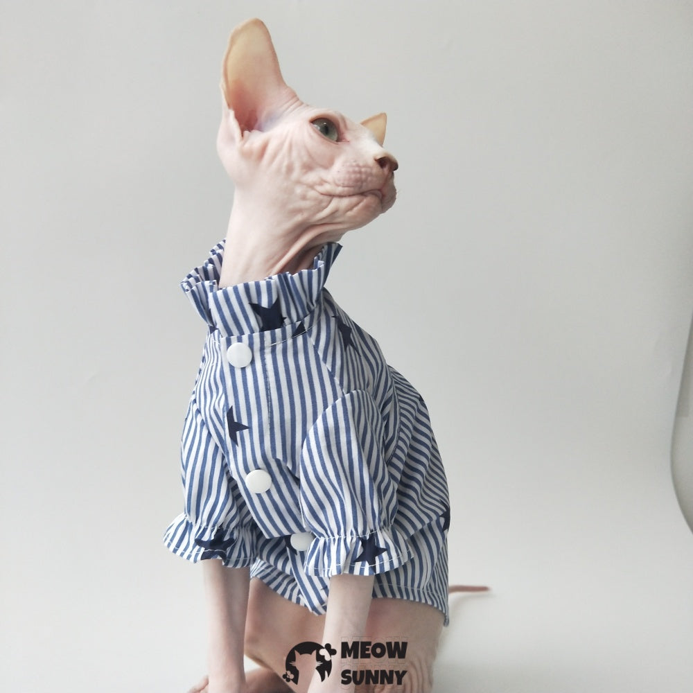 Sphynx Cat Shirt Cotton Hairless Kitten Blue White Polo T-Shirt