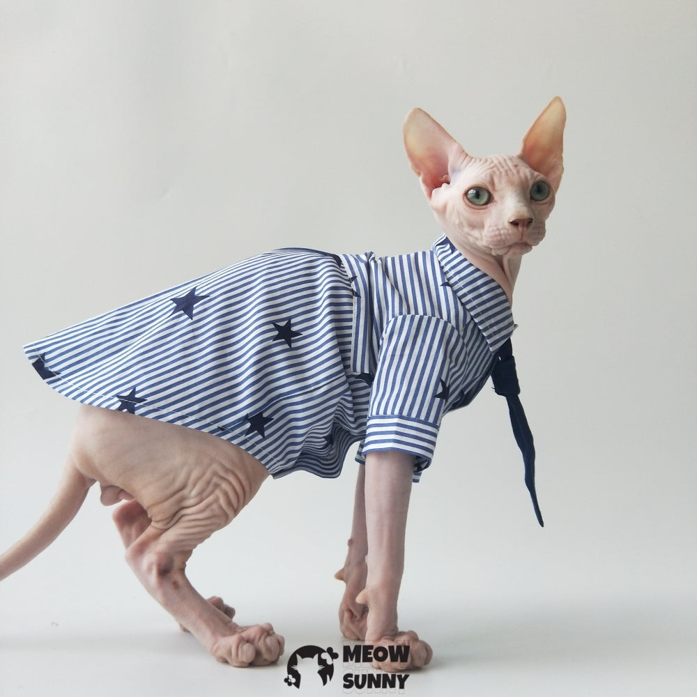 Sphynx Cat Shirt Cotton Hairless Kitten Blue White Polo T-Shirt