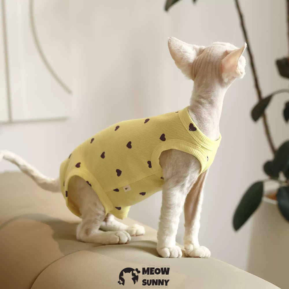 Sphynx Cat white Clothes 4 Legs Comfortabl Heart pattern yellow shirt