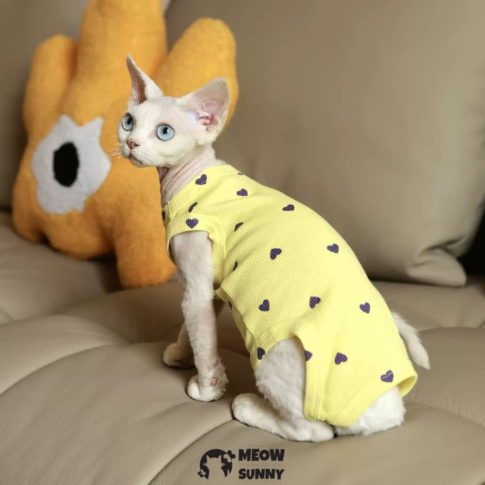 Sphynx Cat white Clothes 4 Legs Comfortabl Heart pattern yellow shirt