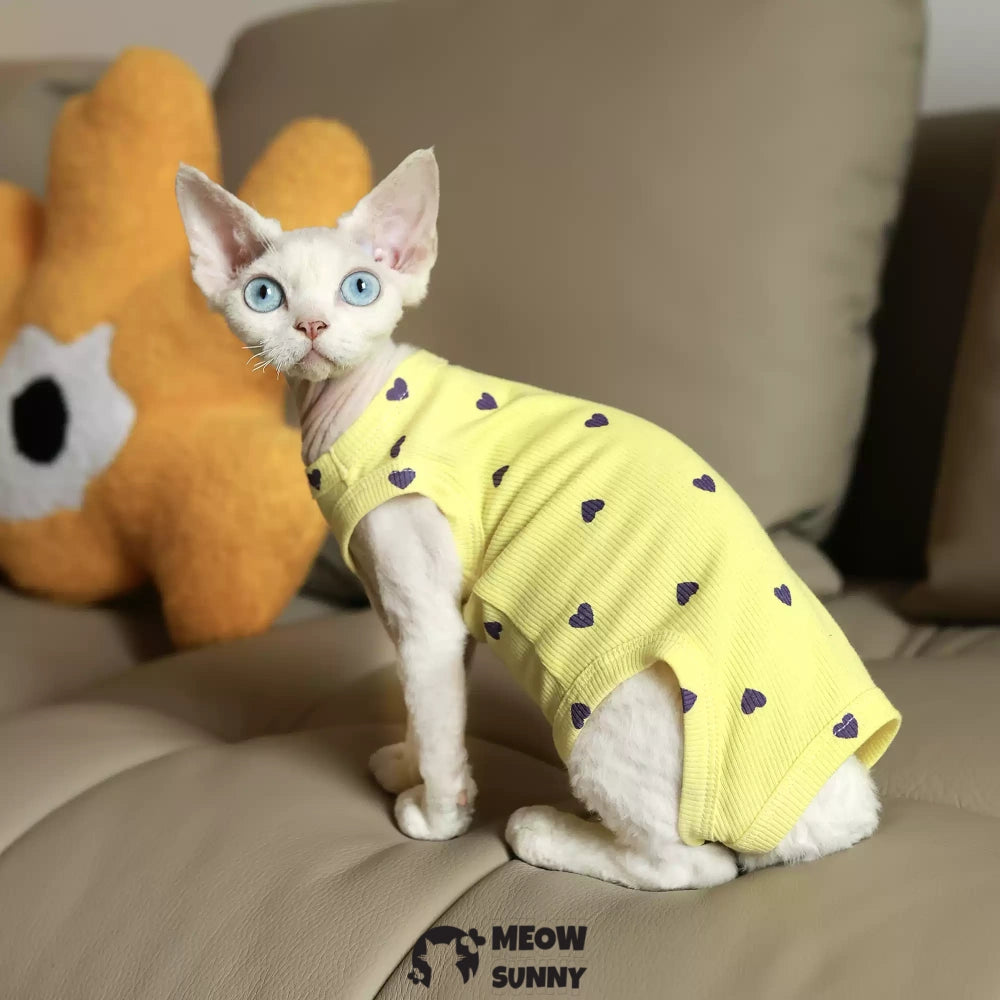 Sphynx Cat white Clothes 4 Legs Comfortabl Heart pattern yellow shirt